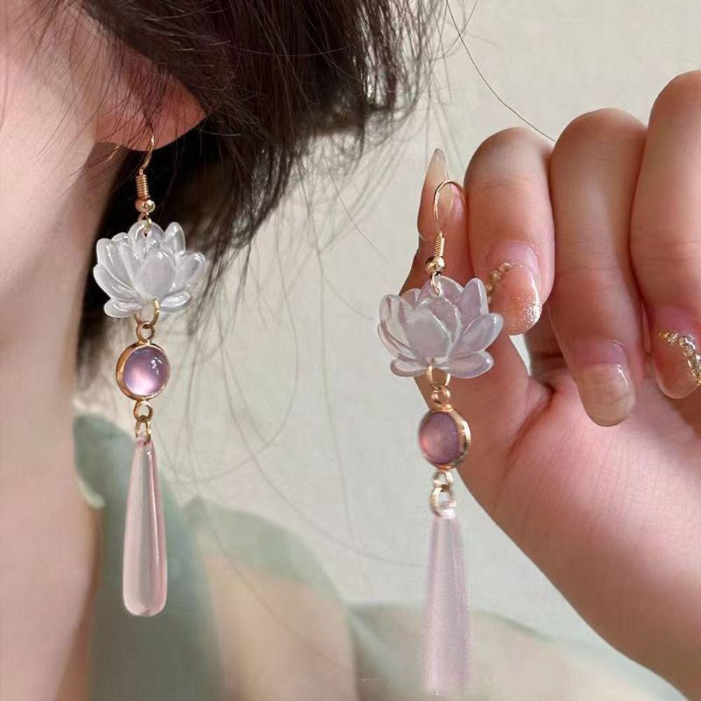 Ретро Лотос Подвеска Крючки для ушей Простые Лотос Капли Серьги Китайские Классические Серьги Женские