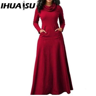 Осенне-зимнее однотонное пэчворк-платье с карманным вырезом и длинным свободным платьем