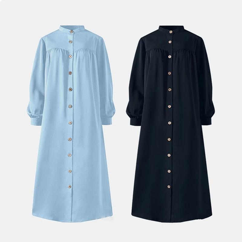 Мусульманская одежда Женские платья Сплошной цвет с длинными рукавами Платье-рубашка Повседневный карманный халат Musulman Дубай Мусульманский кафтан Мусульманские платья