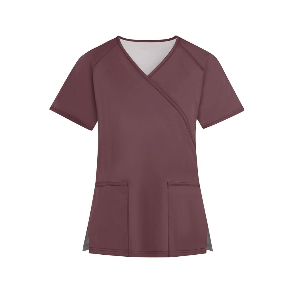 Женская мода однотонная рабочая одежда с v-образным вырезом и короткими рукавами с карманами, топы