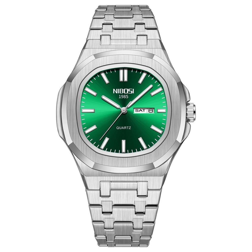Mens Octagonal Dial Watch Stainless Steel Bracelet Luminous Day Calendar Waterproof Casual Quartz Watch