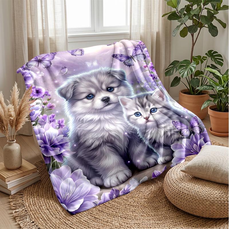 Butterflies Flowers Puppies Kittens blanket Personalized Name Flannel Blanket Soft Cozy Plush Throw for Sofa Bed Lightweight Home Decor