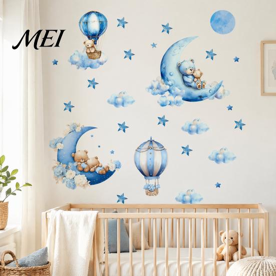 Haze Blue Bedroom Decor 2Pcs Starry Sky Bear Wall Stickers, Cartoon Moon Hot Air Balloon Decals, Baby Nursery Decals Peel And Stick Art Decors for Kid