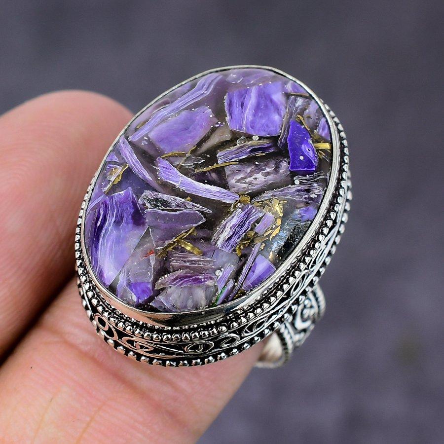 Кольцо из стерлингового серебра 925 пробы с натуральным медным камнем-чароитом ручной работы, размер 8 w2Z96