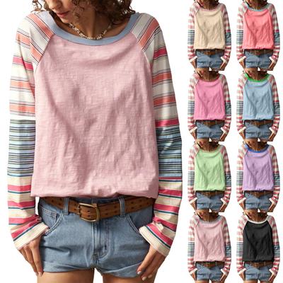 Модный женский топ больших размеров с элегантным разноцветным полосатым принтом, круглым вырезом и длинными рукавами