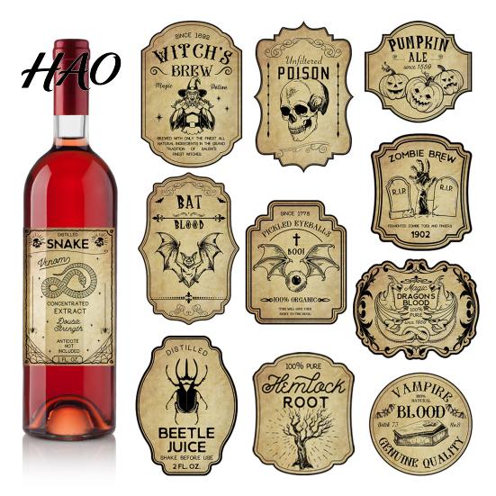Waterproof Glass Container Decals 12Pcs Halloween Wine Bottle Labels, Vintage Retro Stickers with Witch Skull Spooky Jar Decor Bat Pumpkin Design,