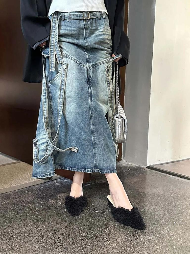 Fashion Pointed Toe Women Slides Slippers 2024 New Arrivals Fur Design Thin Low Heels Black White Khaki Party Dress Shoes Woman Slippers