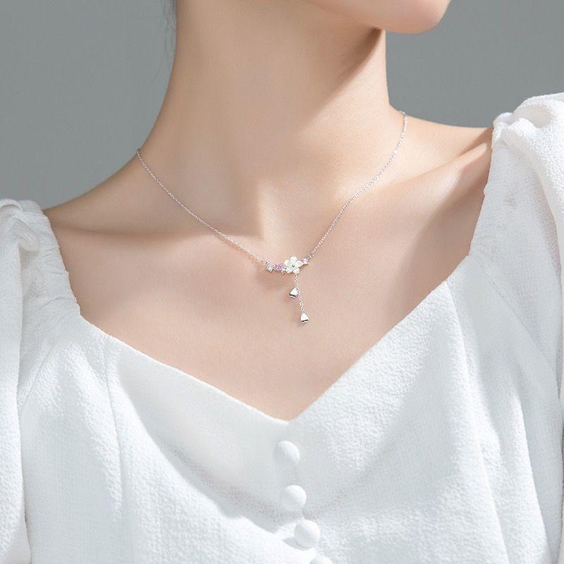 Real 925 Sterling Silver Cherry Flower Shell Long Tassel Necklace for Women Sweet Heart Pendant Clavicle Chain Choker Necklace