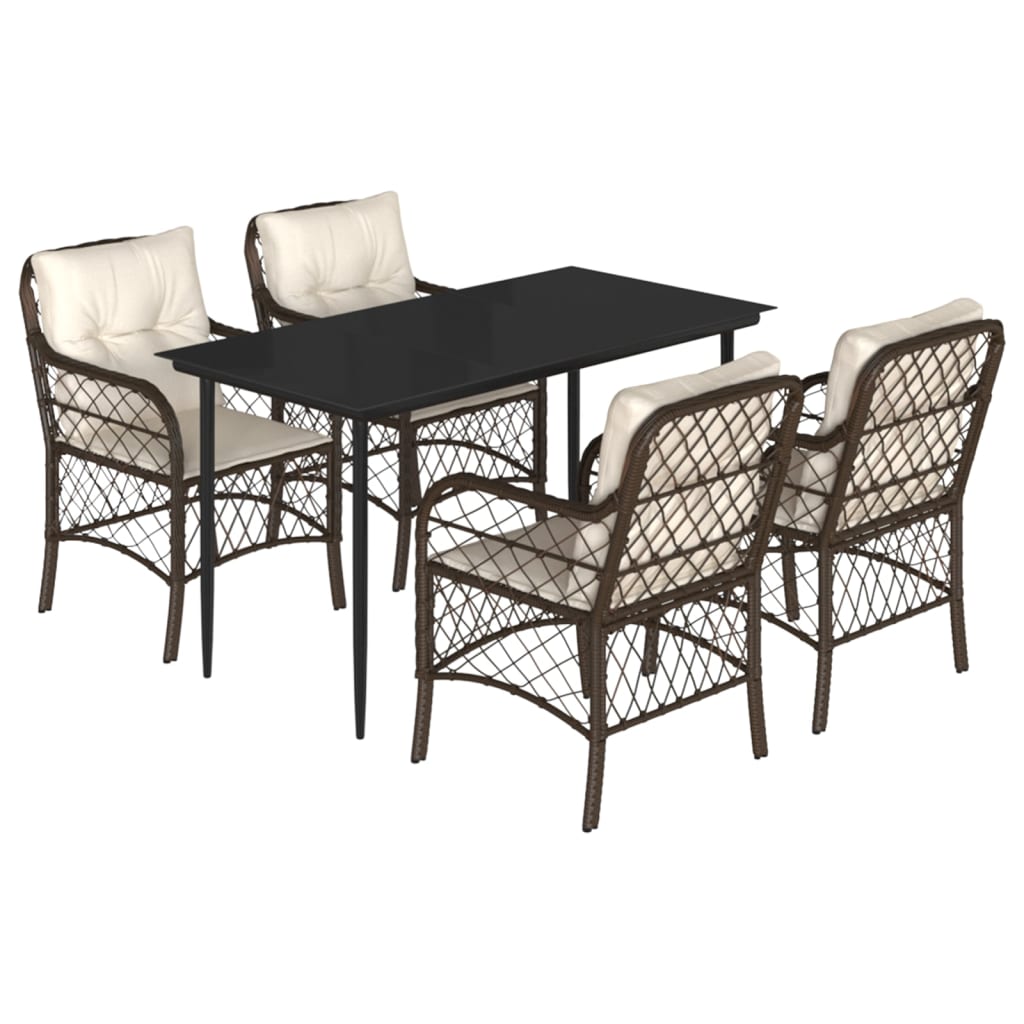5 Piece Outdoor Dining Set with Cushions Brown Poly Rattan
