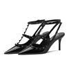 Fashion Beige High Heels Comfortable High-Heeled Shoes Roman Style Slip On Navy Blue Pumps All-Match Rivets Patent Leather Sandals Ladie
