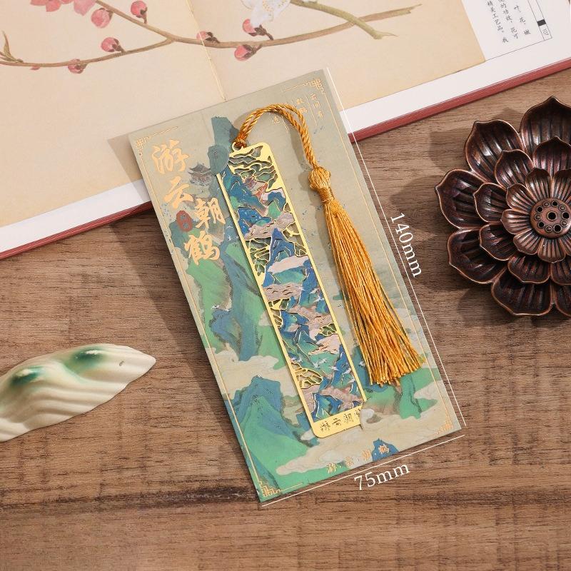 Ретро Китайский Пейзаж Латунная Закладка Ажурная Сцена Гор Бук Так с Шелковой Кисточкой Антикварный Подарок для Любителей Книг
