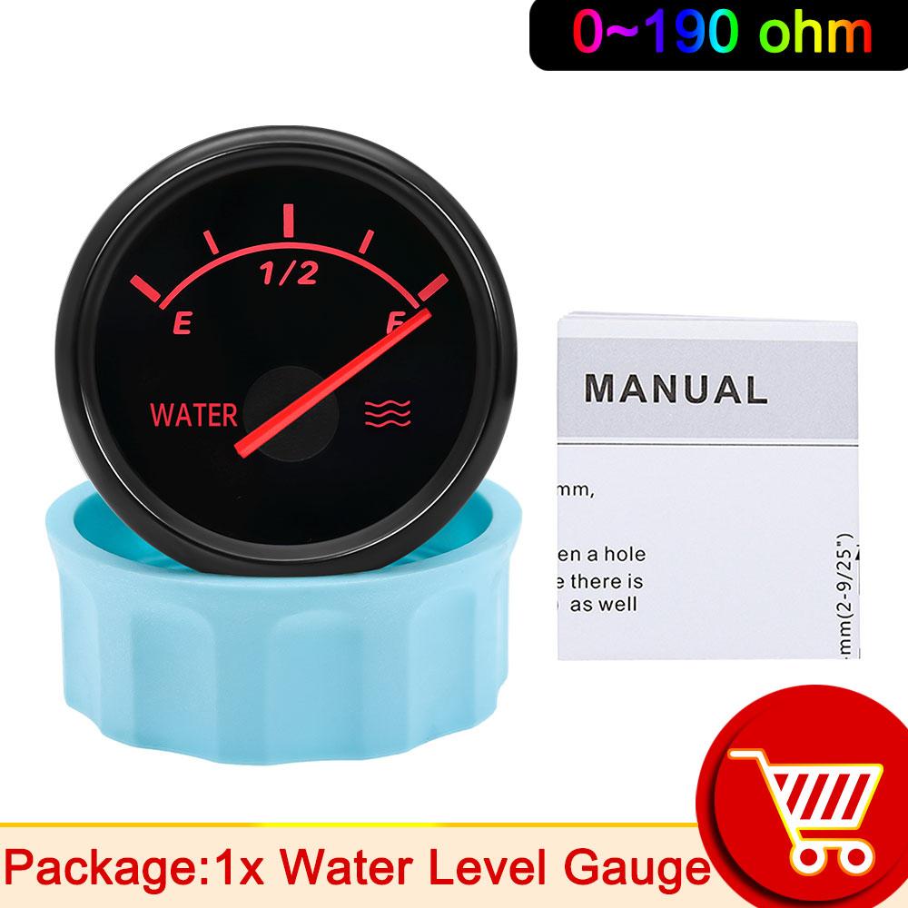 52mm Water Level Gauge for Car Boat Motorcycle Fuel Sensor Water Tank Level Gauge 0~190 240-33Ohm Indicator Red Backlight 9~32V