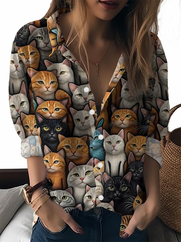 Colorful cartoon element printed lapel shirt women's loose casual and comfortable single-breasted commuter top