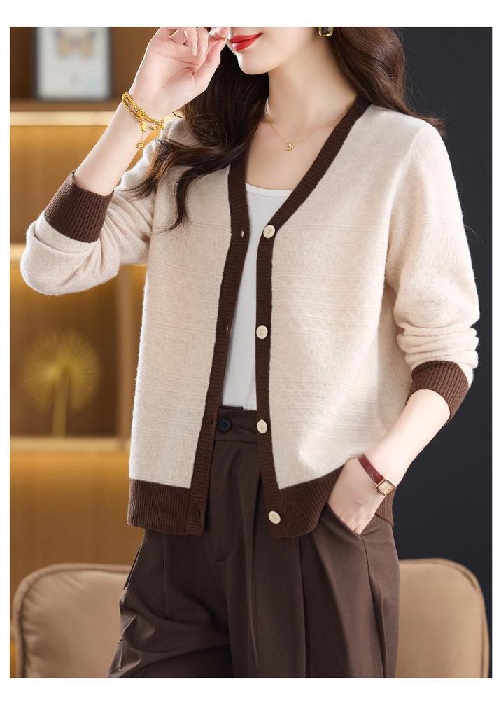 New Women's V-Neck Pure Wool Cardigan, Casual Knit Woolen Sweater Jacket