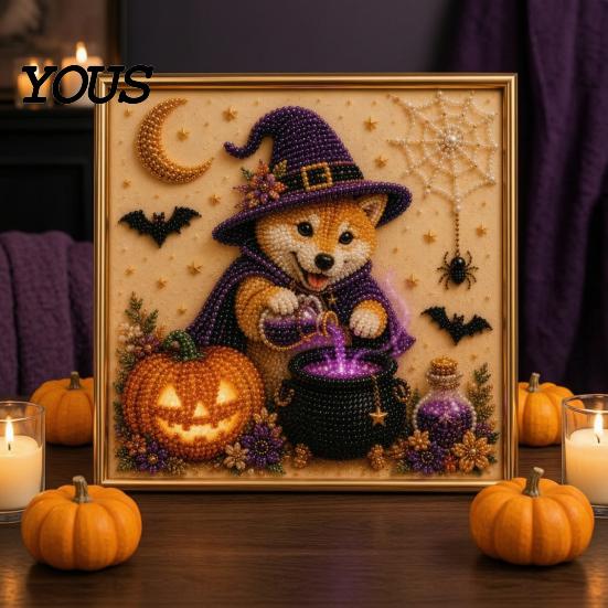 Набор для рисования жемчугом Resin Bead Painting Set Хэллоуин Набор с искусственным жемчугом, Щенячье искусство DIY Ведьма Расслабляющие проекты для эмоций Шляпа Набор для рукоделия Взрослые и подростки, Ручная работа