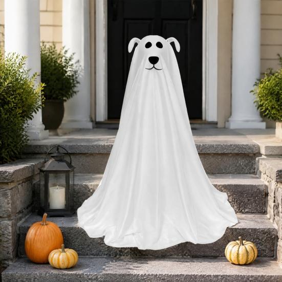 Cute Ghost Dog Figurine Lighted Halloween Decoration, Battery Operated Freestanding Spooky Porch Corner Decor with Remote And String Light for