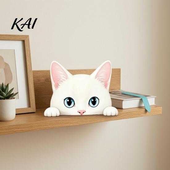 Home Office Desktop Accessories Cute Cat Shelf Sitter Ornament, Wooden Peeking Kitten Figurine, Lover Gift Ideas 2D Flat Decorative Statue for