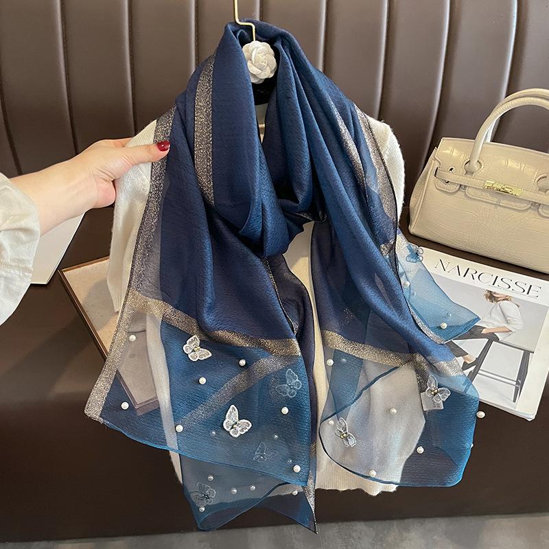 Женская мода Бабочка Вышитый шарф Однотонный Шелковый Льняной Платок Шарфы Летние Женские Банданы Платки Хиджаб