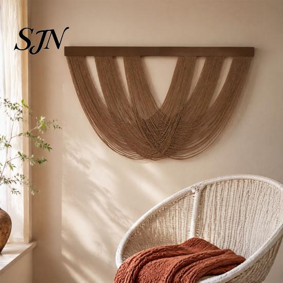Handmade Cotton Tapestry Boho Tassel Wall Tapestry, Rustic Hanging, String Braided Decor with Wooden Rod for Bedroom Living Room Woven Art Home