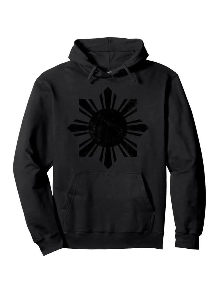 Vintage Black Sun Print Hoodie - Casual Long Sleeve Pullover with Kangaroo Pocket