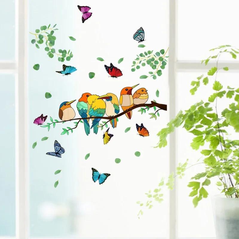 Double-sided Branch Colorful Bird Butterfly Wall Sticker Electrostatic Glass Sticker Window Visual Decorative Wall Sticker