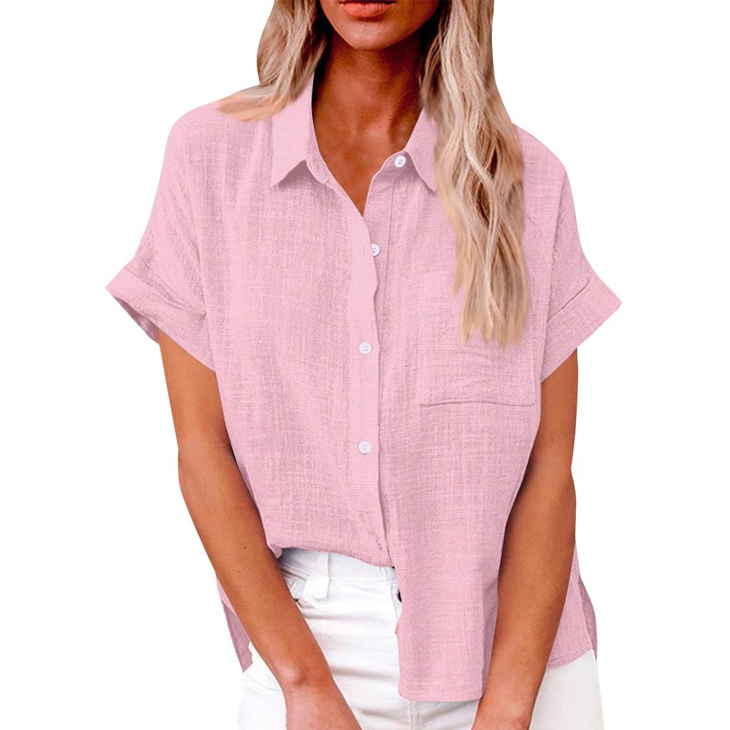 Women's Loose Casual Short Sleeve Lapel Button With Pocket Solid Colour Shirt Top