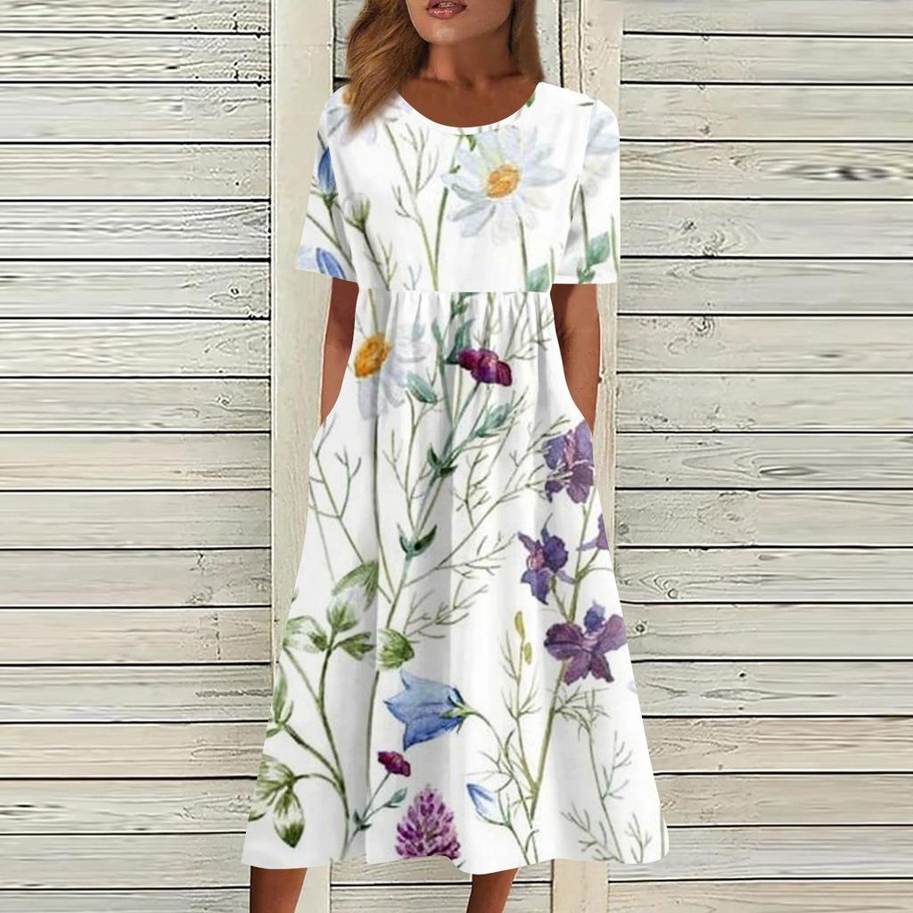 Женское струящееся платье миди в стиле бохо с цветочным принтом, повседневное свободное летнее платье с коротким рукавом для пляжного отдыха и карманами
