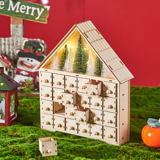 Деревянный рождественский адвент-календарь с 24 пустыми ящиками для хранения в форме дома, рождественский календарь обратного отсчета, домашний декор