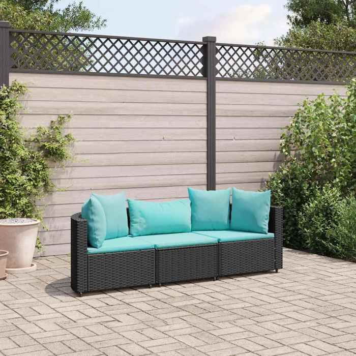 VidaXL Garden Lounge Set 3 Pcs with Cushions Black Wicker, Outdoor Sofa Set, Garden Corner Sofa, 3308452