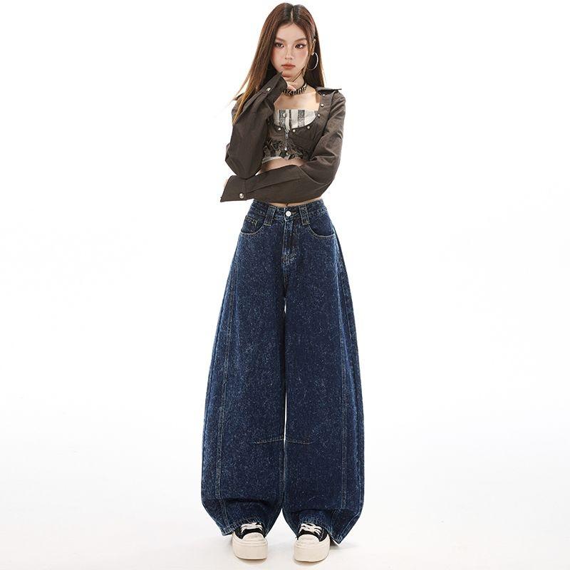 Ge Di Jie Design Sense Snowflake Washed High Waisted Loose Curved Knife Pants Women's Trendy Brand Wide Leg Jeans