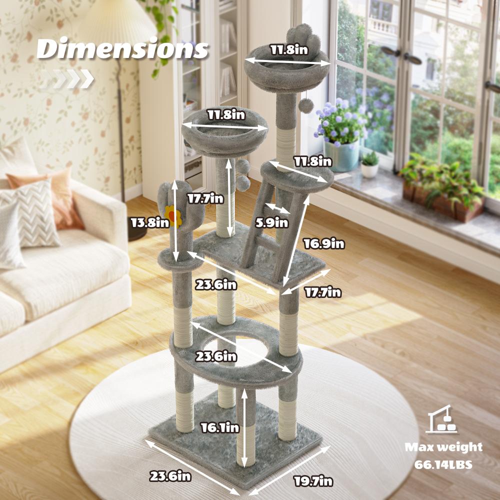 72" Tall Cactus Cat Tower Featuring Clear View Capsule, Durable Sisal Scratching Posts, Cozy Plush Platforms, and Built-in Interactive Toys –