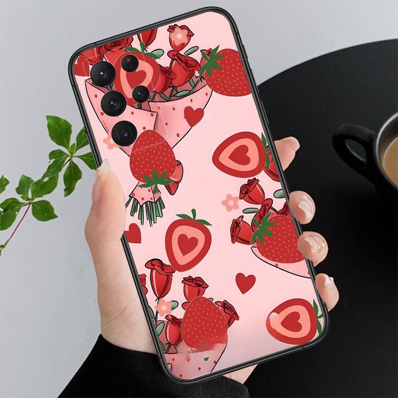 Phone Case For Samsung A17 A55 A16 A56 A35 A15 A53 A54 A33 A34 A25 A05S A52 A52S A07 A26 A06 Strawberry Cat Cartoon
