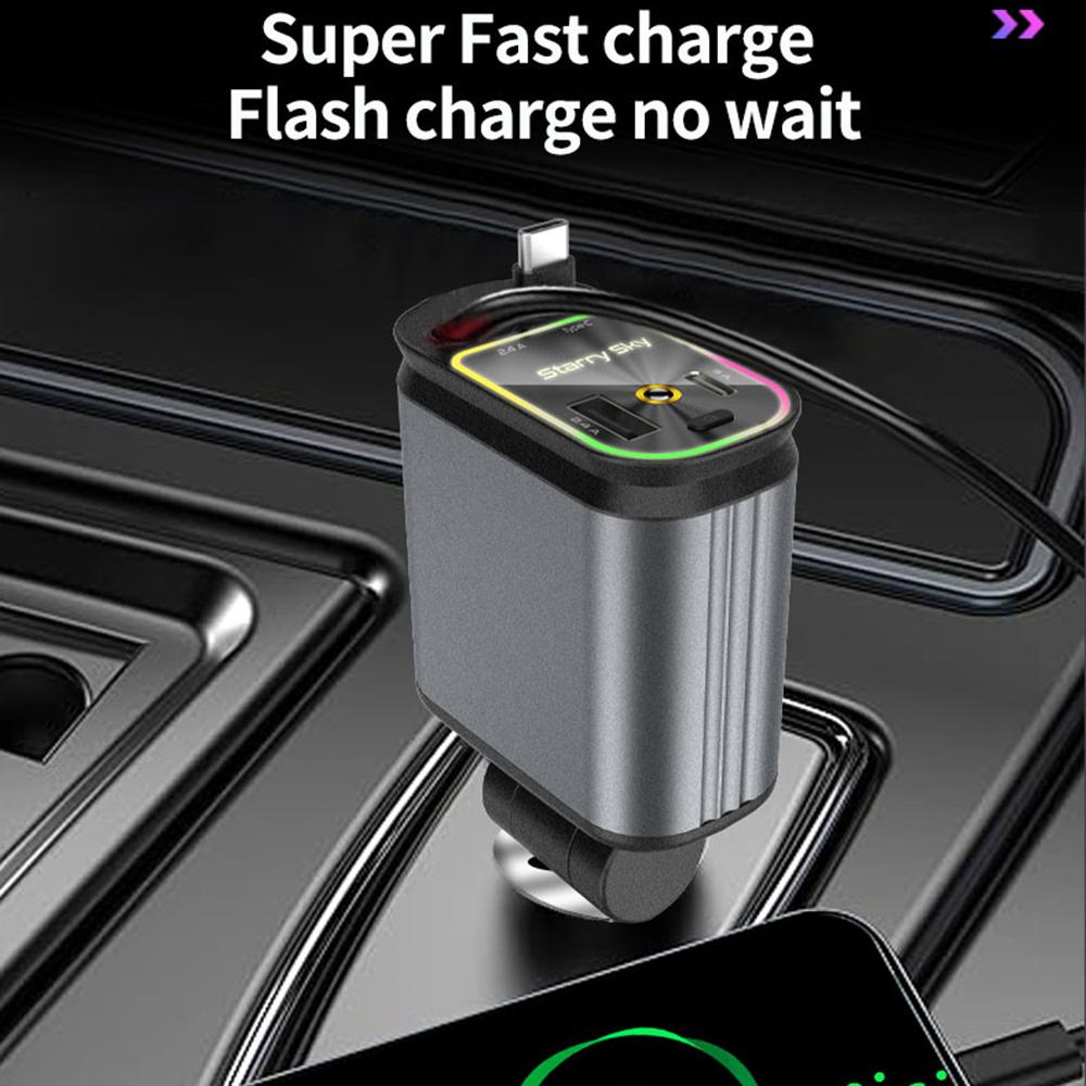 Автомобильное зарядное устройство C3 4 в 1 USB A + USB C с выдвижным кабелем Type C + iP, адаптер-прикуриватель «Звездное небо»