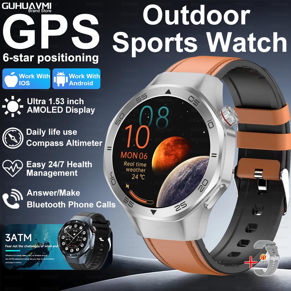Новые умные часы с GPS-позиционированием для мужчин, 1,53-дюймовый AMOLED HD-экран, компас, датчик сердечного ритма, водонепроницаемость 3ATM, звонки, спортивные, деловые умные часы
