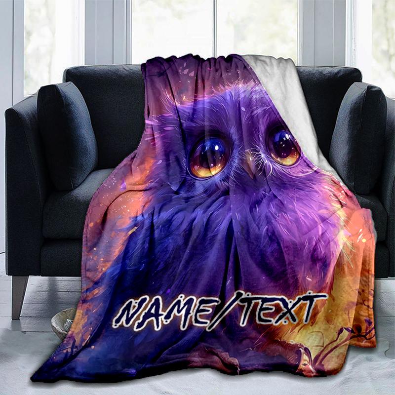 1PC Custom Name Purple Owl Fantasy outdooor Flannel blankets Throw Blanket All-Season Throw Gift Bedspread for Couch, Bed, Camping Holiday Birthday gi