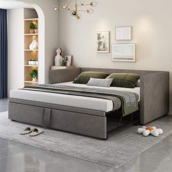 Upholstered Bed Extendable Sofa Bed 90/180x200cm with Slatted Frame, Multifunctional Bed Made of Skin-Friendly Velvet Fabric