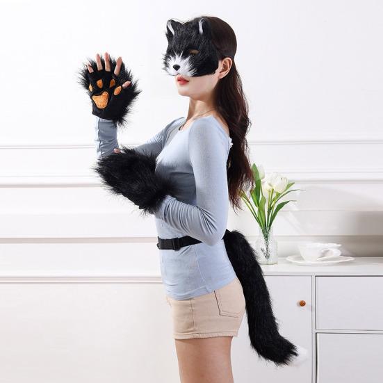 Faux Fur Cat Fox Maque Tail And Paw Gloves Set Handmade Furry Animal Therian Kit Masquerade Halloween Party Cosplay Costume Accessory