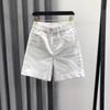 Beige color elastic waist casual five-point denim shorts, women's summer loose, stylish stretchy straight-leg wide-leg mid-length pants