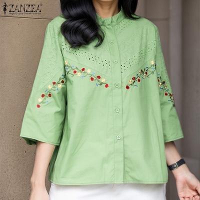 Женская повседневная блузка с воротником-стойкой, рукавом 3/4, свободного кроя, с цветочной вышивкой