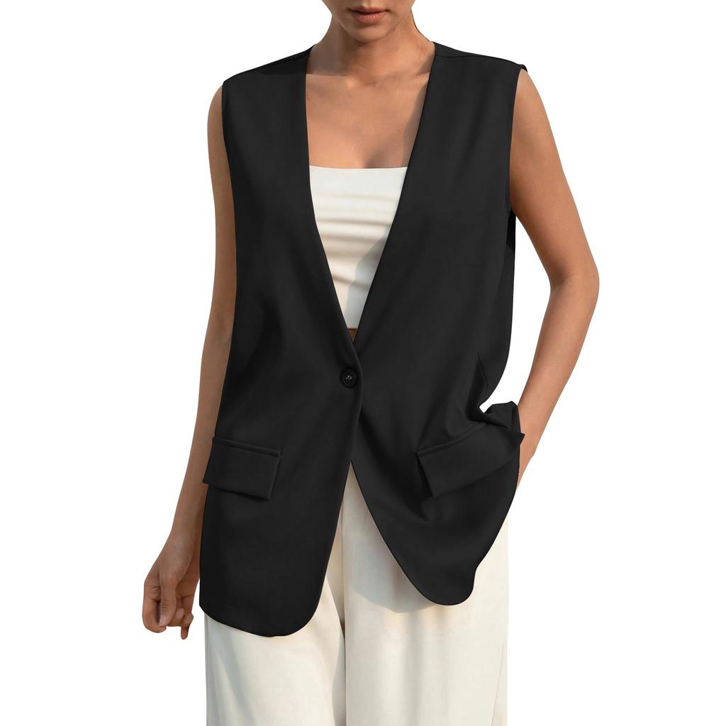 Ladies Summer Suit Jacket Work Casual Sleeveless V-Neck Single Button Solid Color Suit Vest