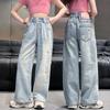 Летние детские рваные брюки для девочек, джинсы с двумя пуговицами, широкие брюки для девочек