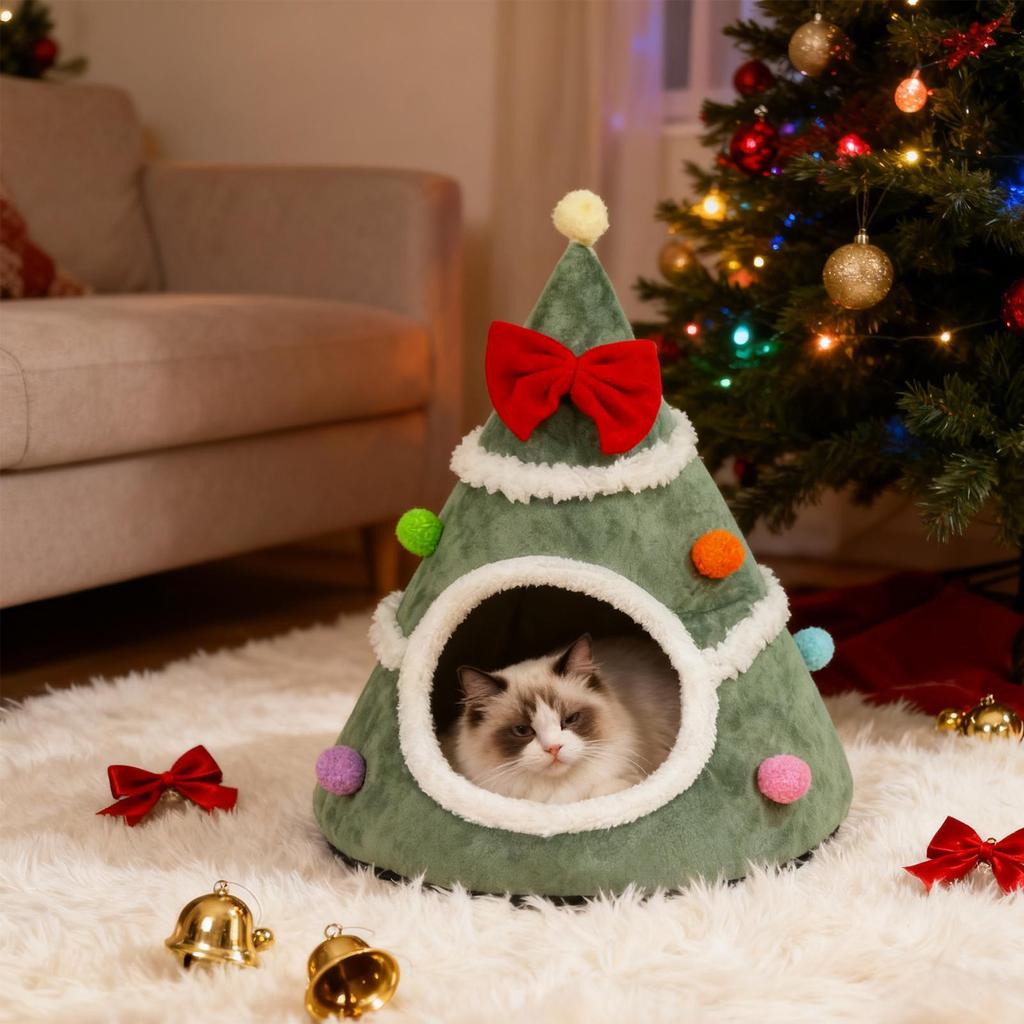 Christmas Tree Cat Housecat Mat Beds Winter Warm Cat Bed Pet Mattress Warm Cat Dog Sleeping Nest Cave for Small Dogs Cat