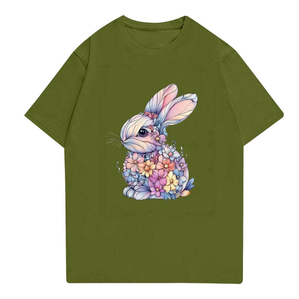 Women's Fashion Round Neck Short Sleeve T-Shirt Easter Printed Casual Top