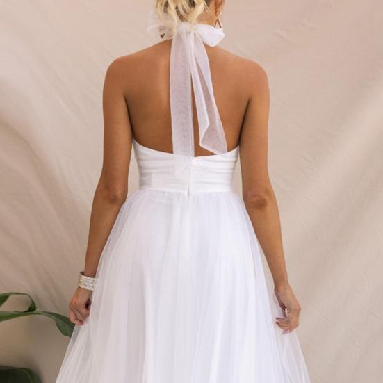 Lady Evening Dress Lace-up High Collar Halter Neck Backless Off Shoulder Sleeveless Multi-layer Mesh Hem Solid Color A-line