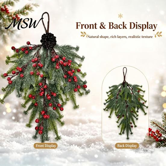 Indoor Wall Door Decorations Upside Down Christmas Tree Hanging Decor, Pinecone Berry Wreath with Flocked Red Pine Cone Snow Tips, Rustic Ornament for