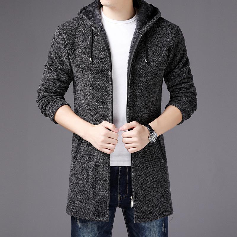 New Chenille Mid-length Plus Velvet Black Hooded Knitted Sweater Jacket Men's Autumn and Winter Cardigan