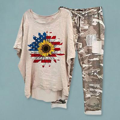 2 шт./компл. женский топ и брюки, комплект с круглым вырезом, цветочным камуфляжным принтом, неровный подол, короткие рукава, свободный эластичный шнурок