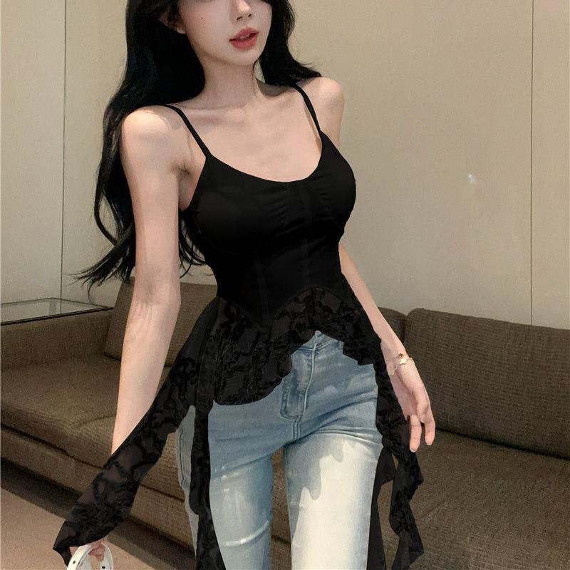 Французский стиль Spicy Girl кружевной лоскутный жилет-камисоль с подушкой на груди облегающий топ с нерегулярными лентами для женщин