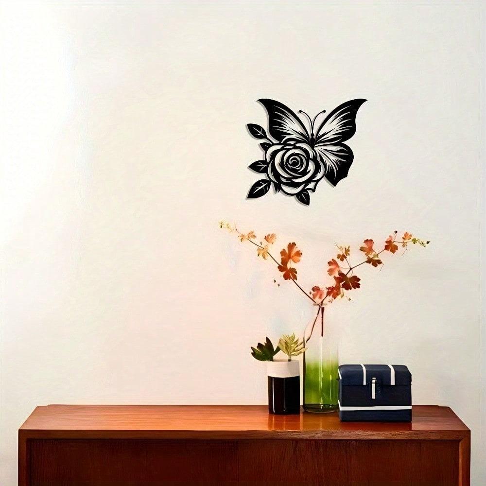 1 Iron Butterfly Rose Metal Wall Art, Elegant Abstract Design, Versatile Wall Decor With A Detachable Craft Logo