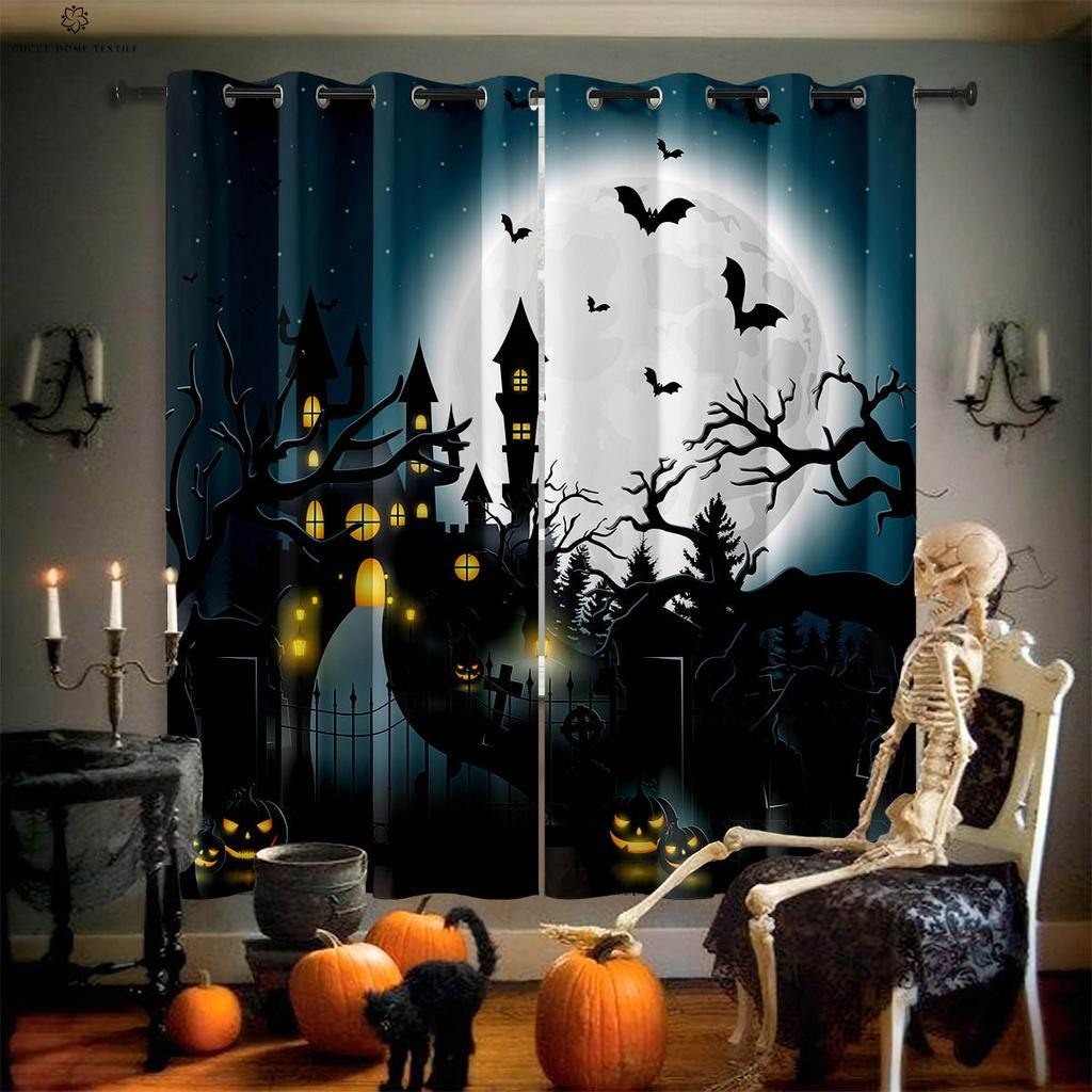 Карточные Хэллоуинские Занавески для Окон, Ужасный Узор с Тыквой и Призраком, Спальня, Ресторан, Вечеринка, 2 шт.